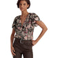 Ralph Lauren Women's Floral Metallic Jacquard Short Sleeve Blouse Brown Size Large