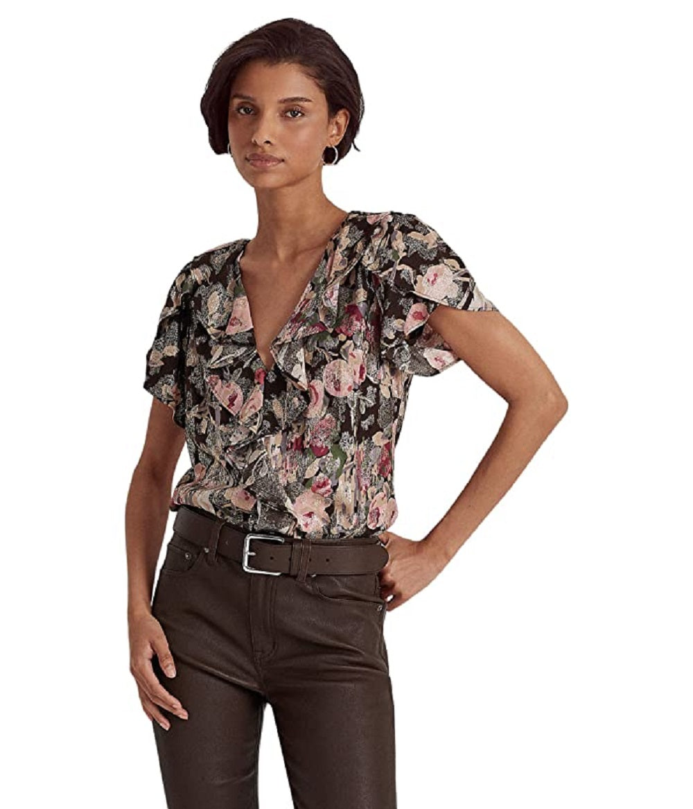 Ralph Lauren Women's Floral Metallic Jacquard Short Sleeve Blouse Brown Size Large