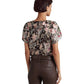 Ralph Lauren Women's Floral Metallic Jacquard Short Sleeve Blouse Brown Size Large