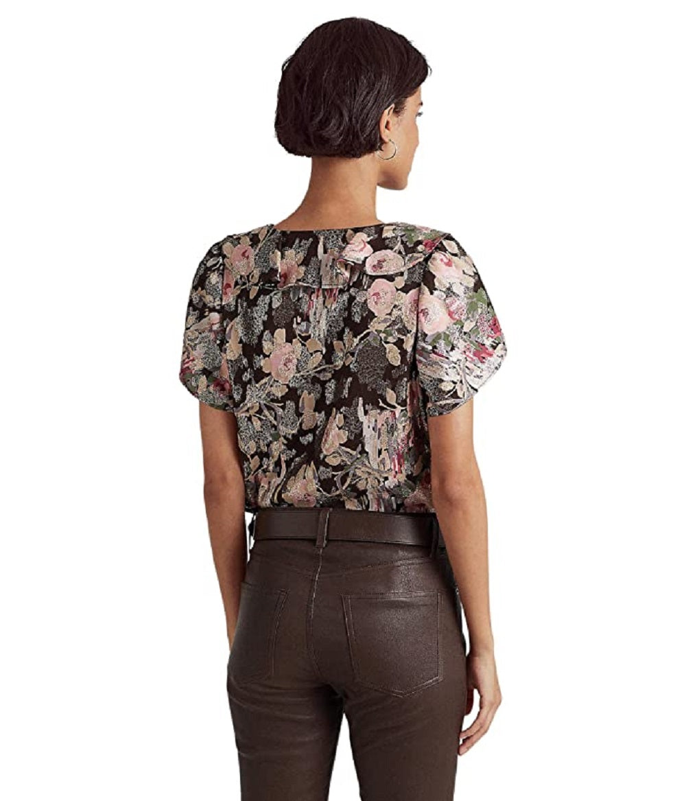 Ralph Lauren Women's Floral Metallic Jacquard Short Sleeve Blouse Brown Size Large