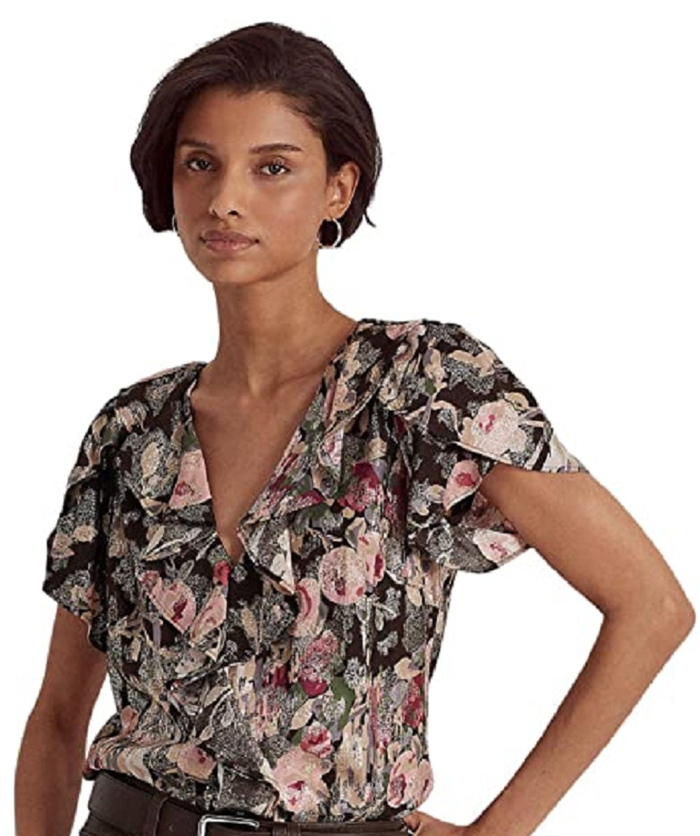 Ralph Lauren Women's Floral Metallic Jacquard Short Sleeve Blouse Brown Size Large