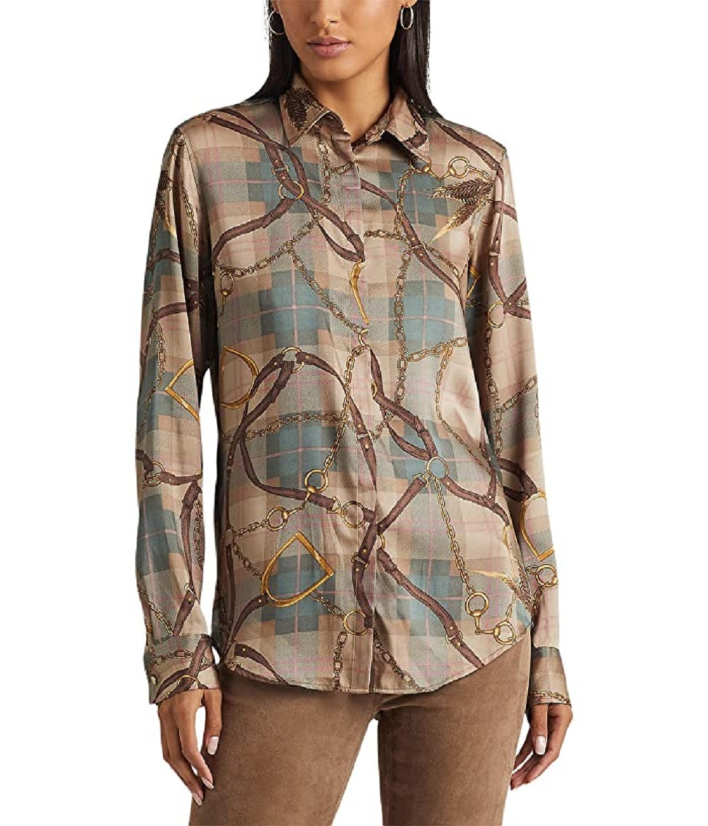 Ralph Lauren Women's Plaid Belting Print Twill Shirt Brown Size Medium