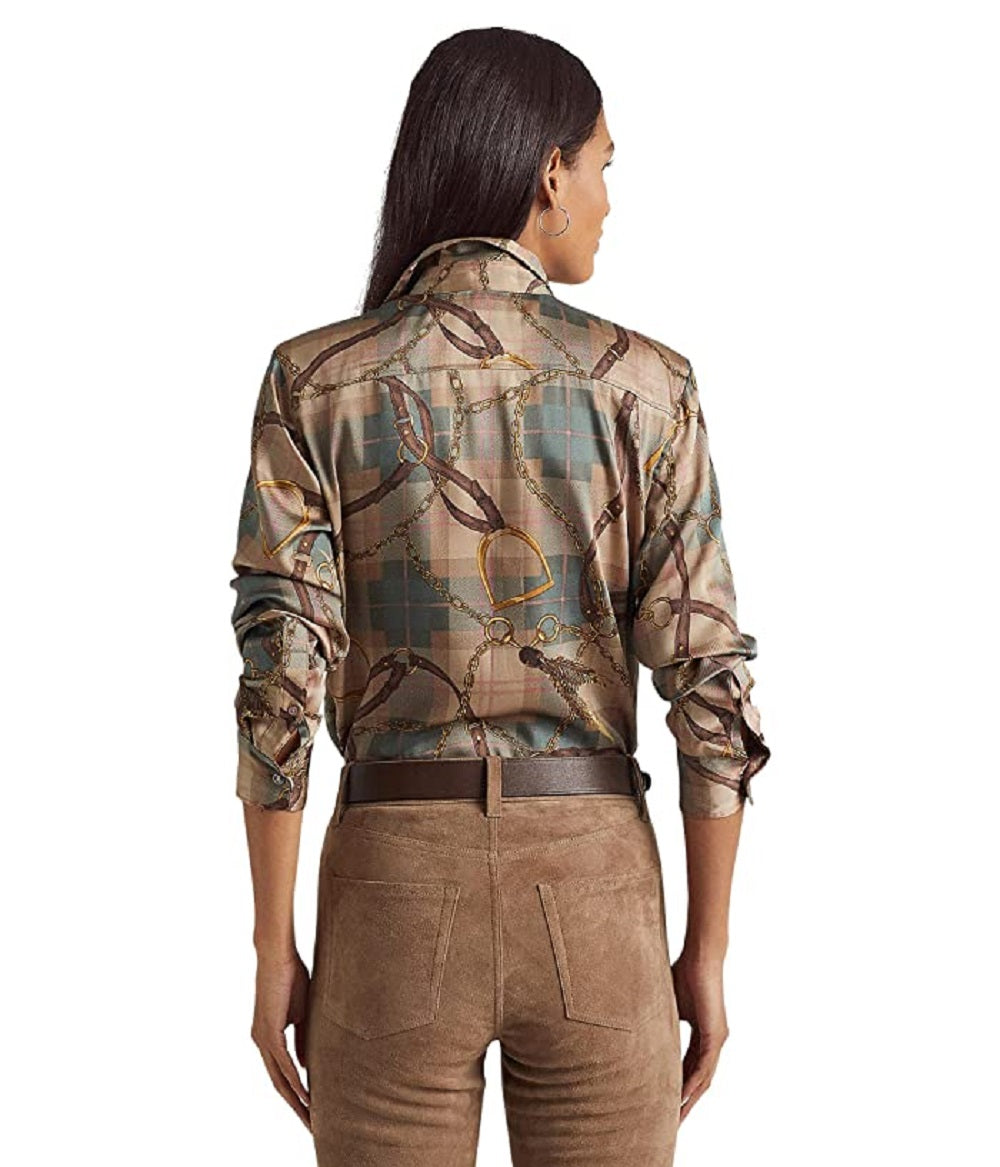 Ralph Lauren Women's Plaid Belting Print Twill Shirt Brown Size Medium