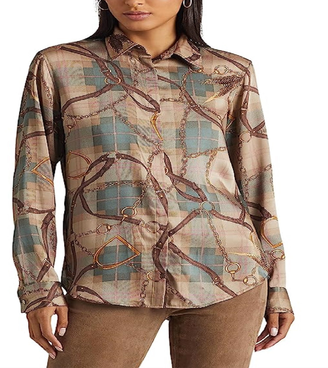 Ralph Lauren Women's Plaid Belting Print Twill Shirt Brown Size X-Small