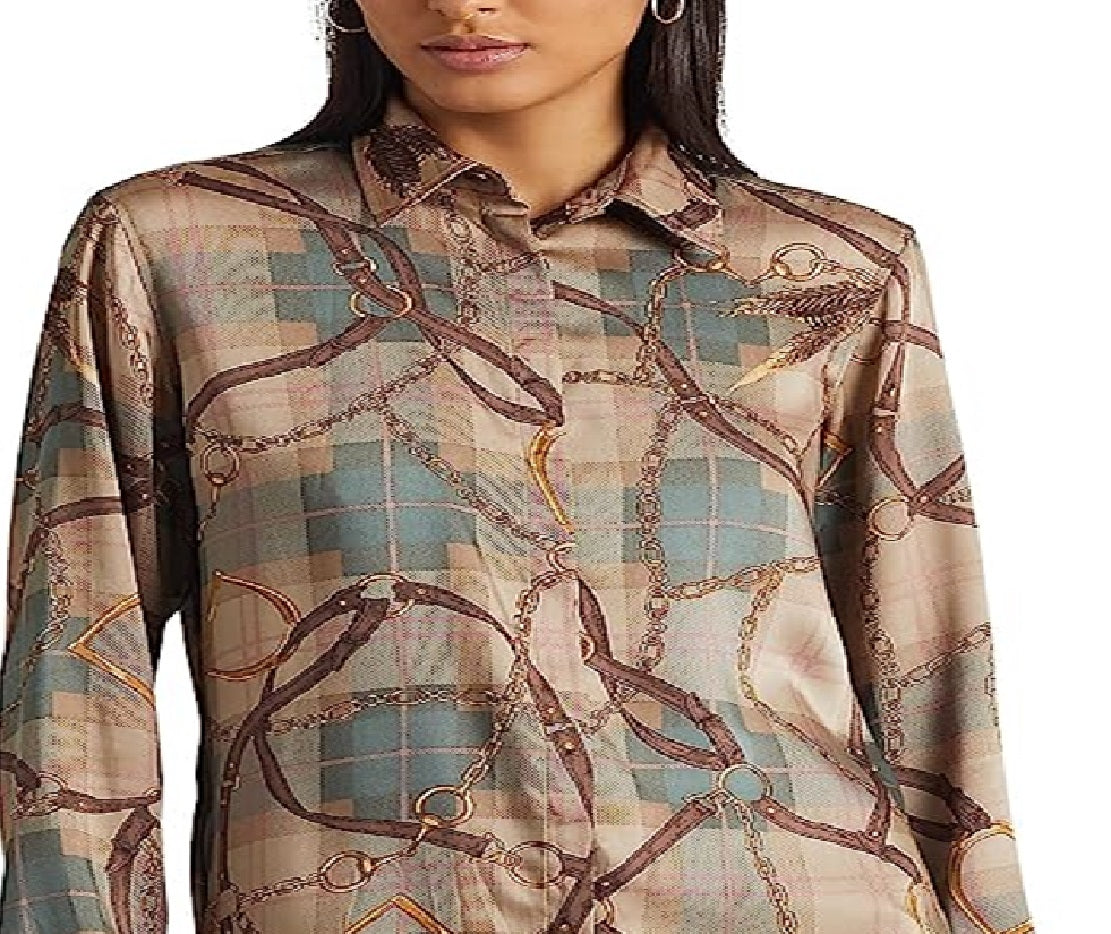 Ralph Lauren Women's Plaid Belting Print Twill Shirt Brown Size X-Small