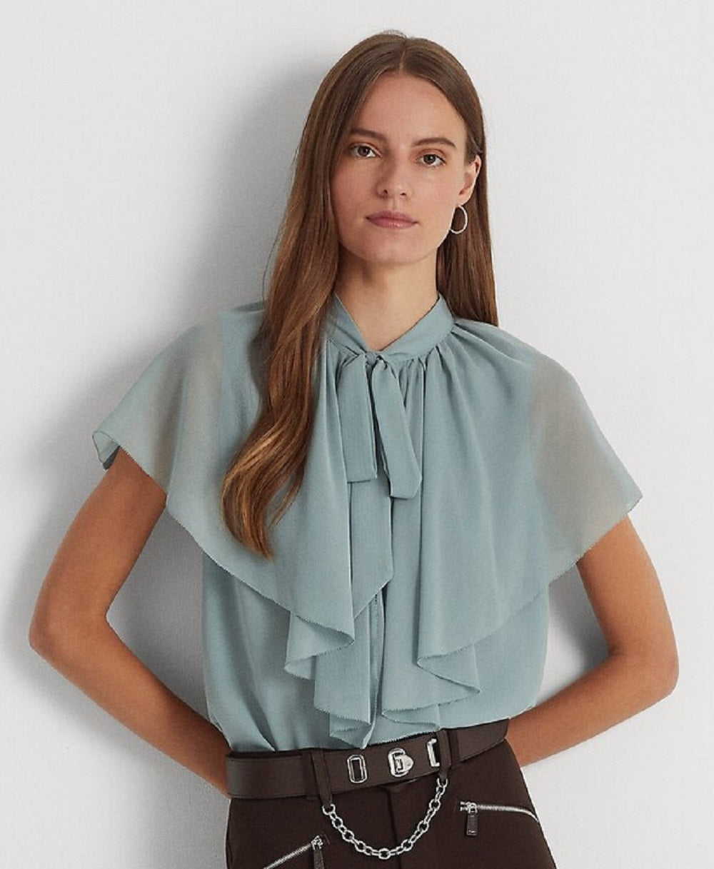 Ralph Lauren Women's Tie Neck Crinkle Georgette Cape Blouse Blue Size Medium