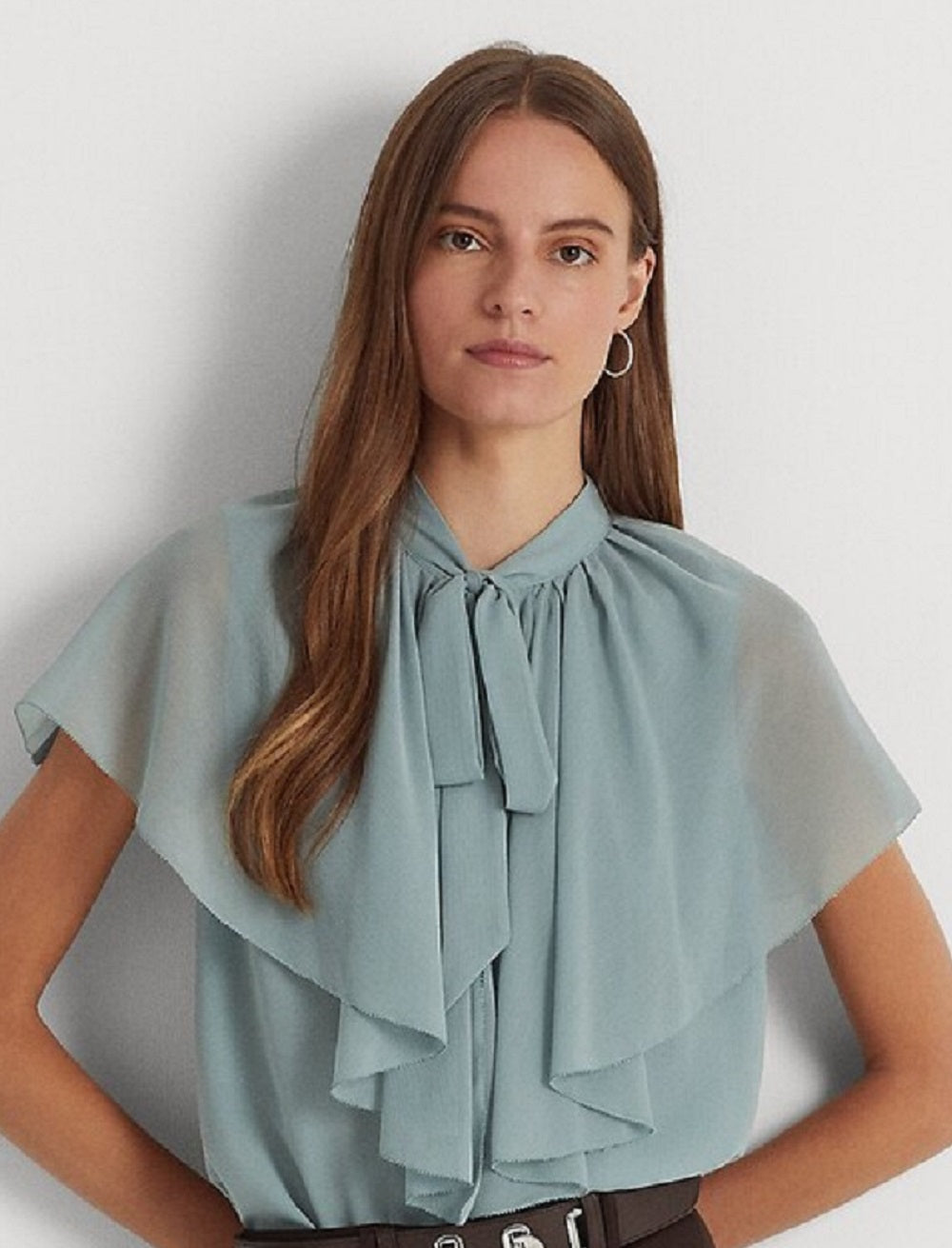 Ralph Lauren Women's Tie Neck Crinkle Georgette Cape Blouse Blue Size Medium