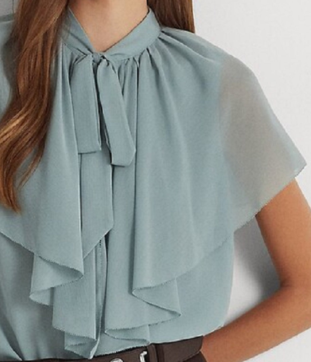 Ralph Lauren Women's Tie Neck Crinkle Georgette Cape Blouse Blue Size Medium