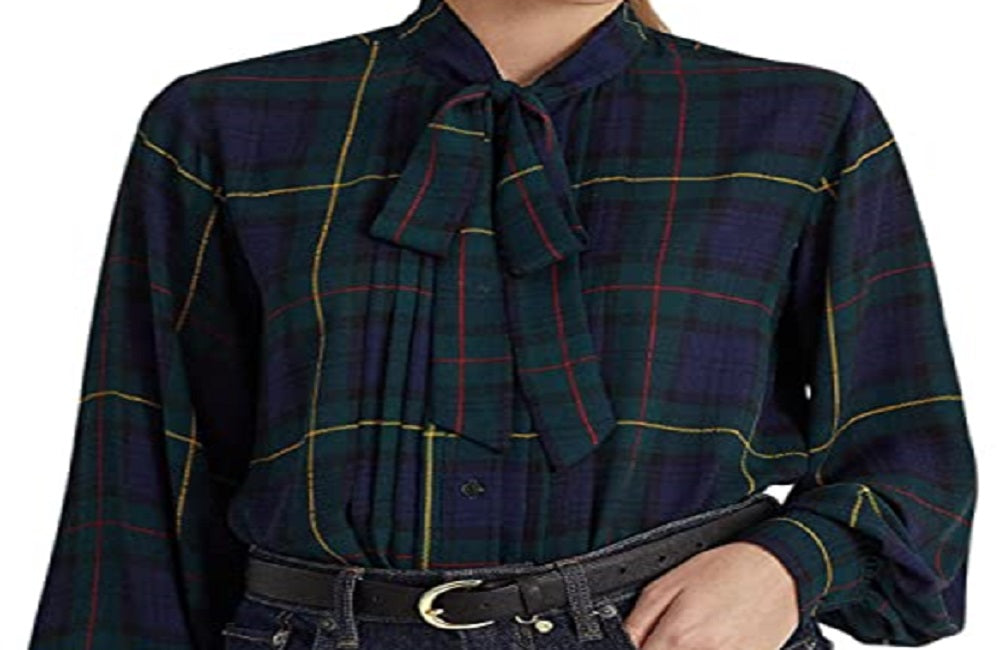 Ralph Lauren Women's Plaid Tie Neck Georgette Shirt Blue Size X-Large