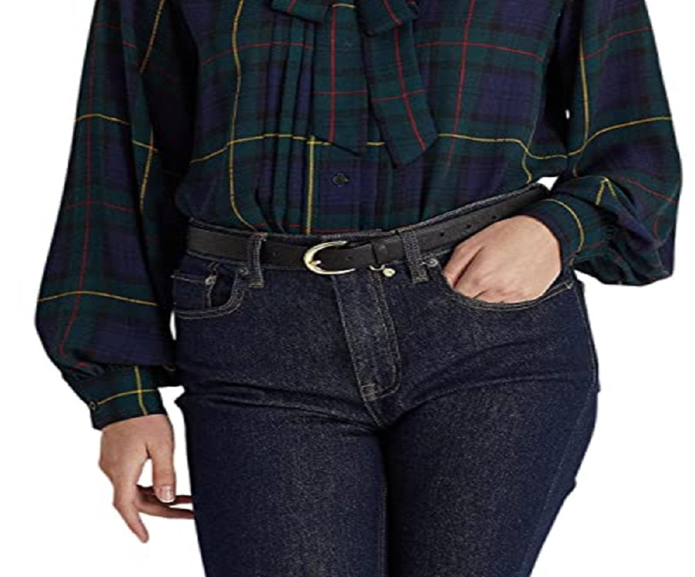 Ralph Lauren Women's Plaid Tie Neck Georgette Shirt Blue Size X-Large