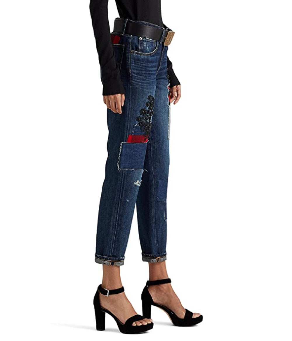 Ralph Lauren Women's Patchwork Relaxed Tapered Ankle Jeans Blue Size 12