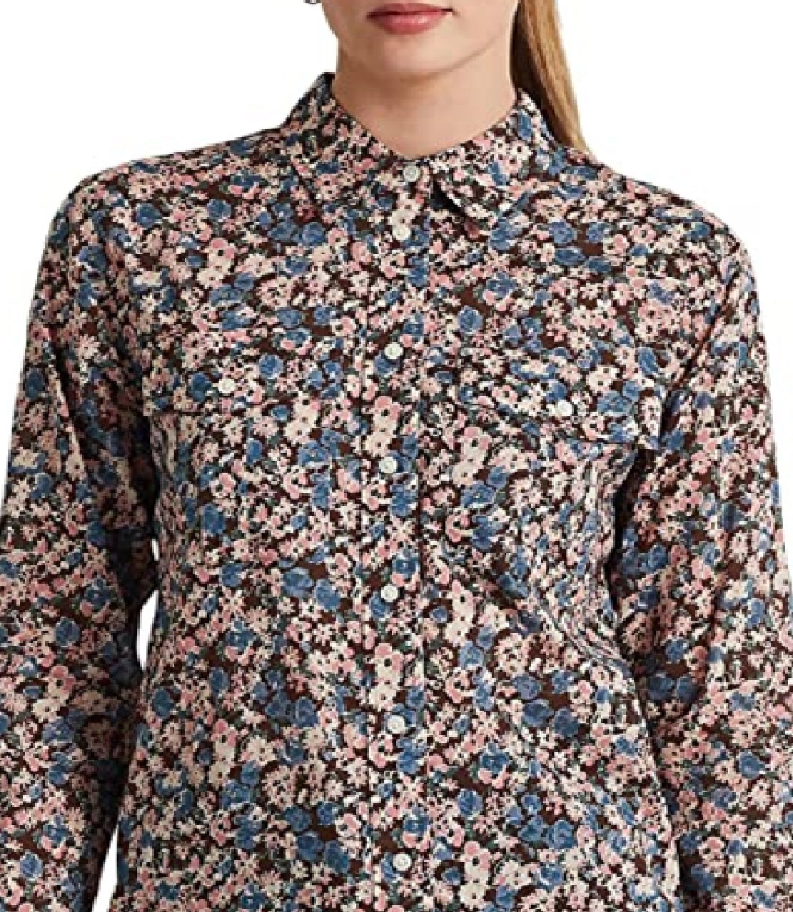 Ralph Lauren Women's Floral Cotton Voile Shirt Brown Size Large
