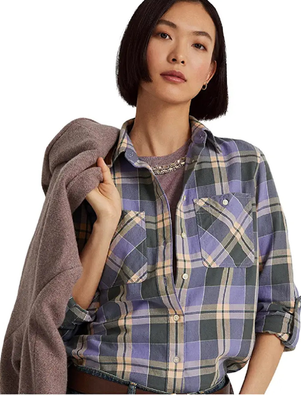 Ralph Lauren Women's Plaid Twill Shirt Purple Size Large