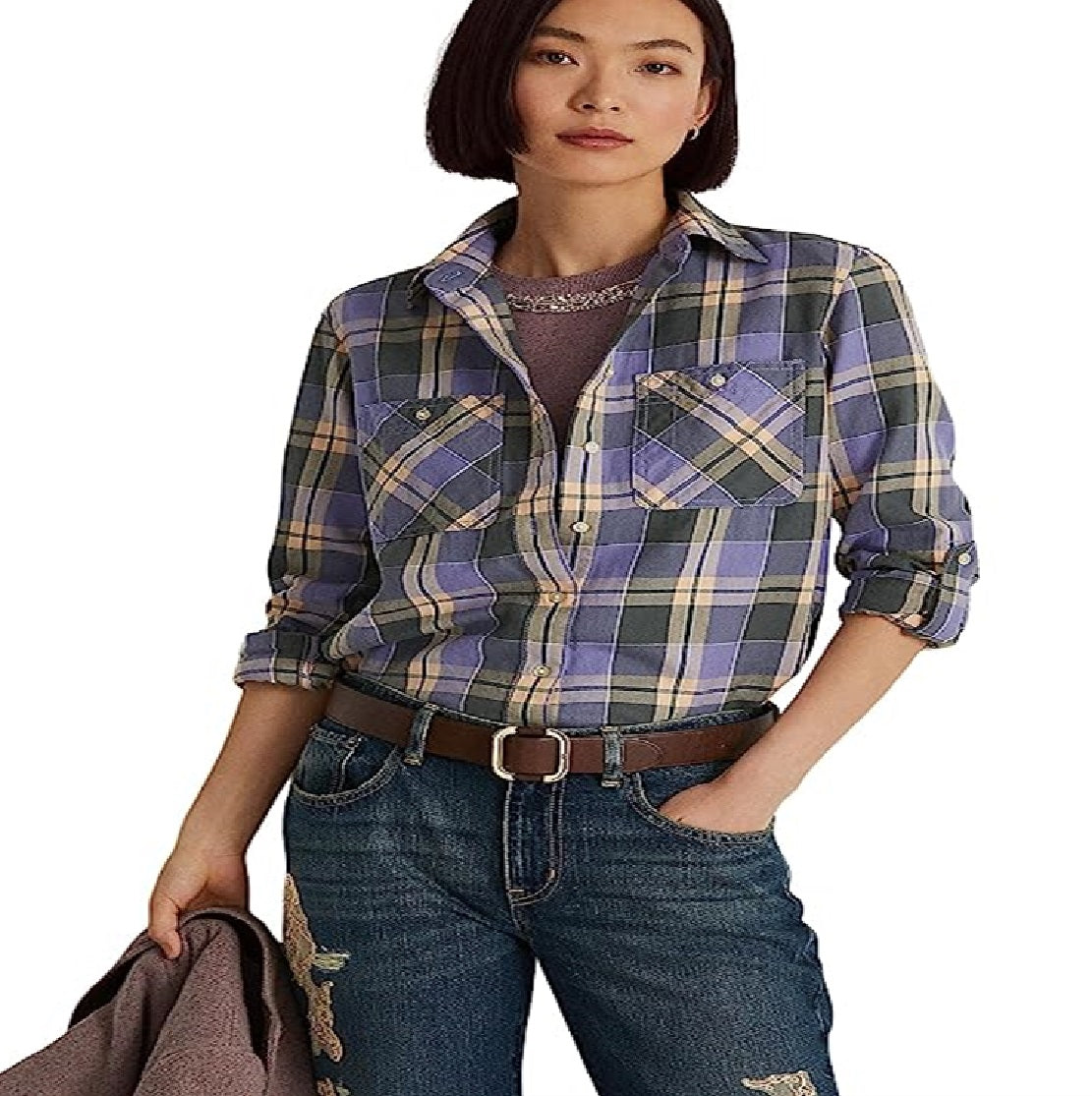 Ralph Lauren Women's Plaid Twill Shirt Purple Size Small