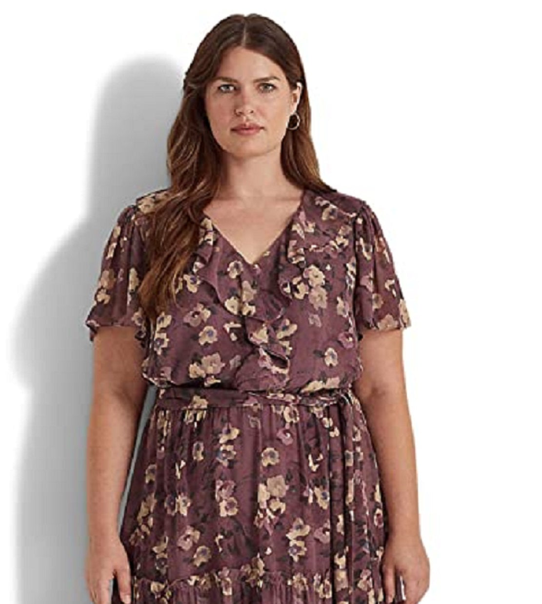 Ralph Lauren Women's Floral Belted Crinkle Georgette Dress Purple Size 18W