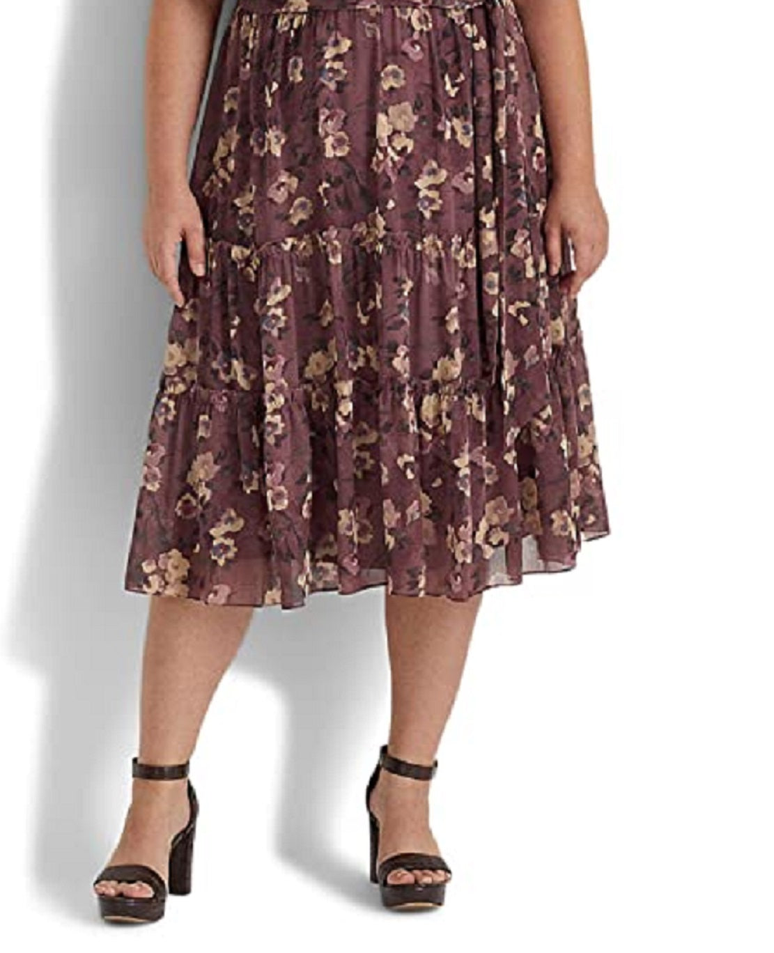 Ralph Lauren Women's Floral Belted Crinkle Georgette Dress Purple Size 18W