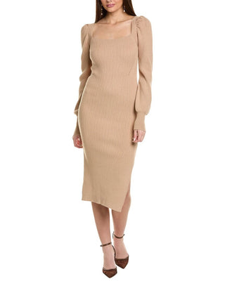 Charles Henry Square Neck Tie Back Puff Long Sleeve Sweater Dress in Sand , Size Medium