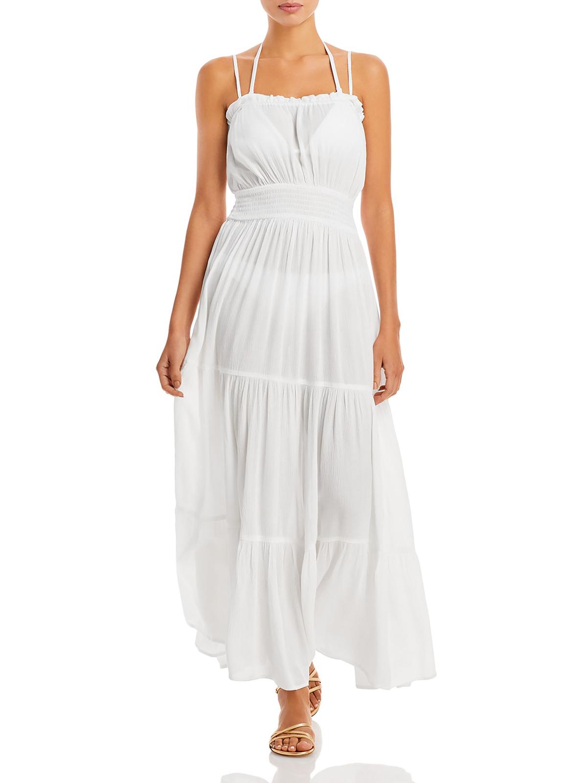 Aqua Women's Tiered Cover Up Maxi Dress Swimwear White Size Medium