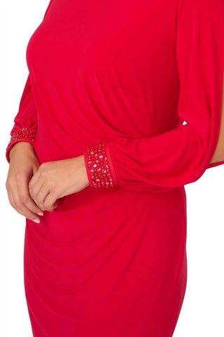 Adrianna Papell - Long Sleeve Draped Jersey With Beaded Cuffs Dress - Plus