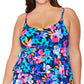Island Escape Women's Plus Floral Print Tiered Underwire Tankini Top Swimsuit Black Size 16W