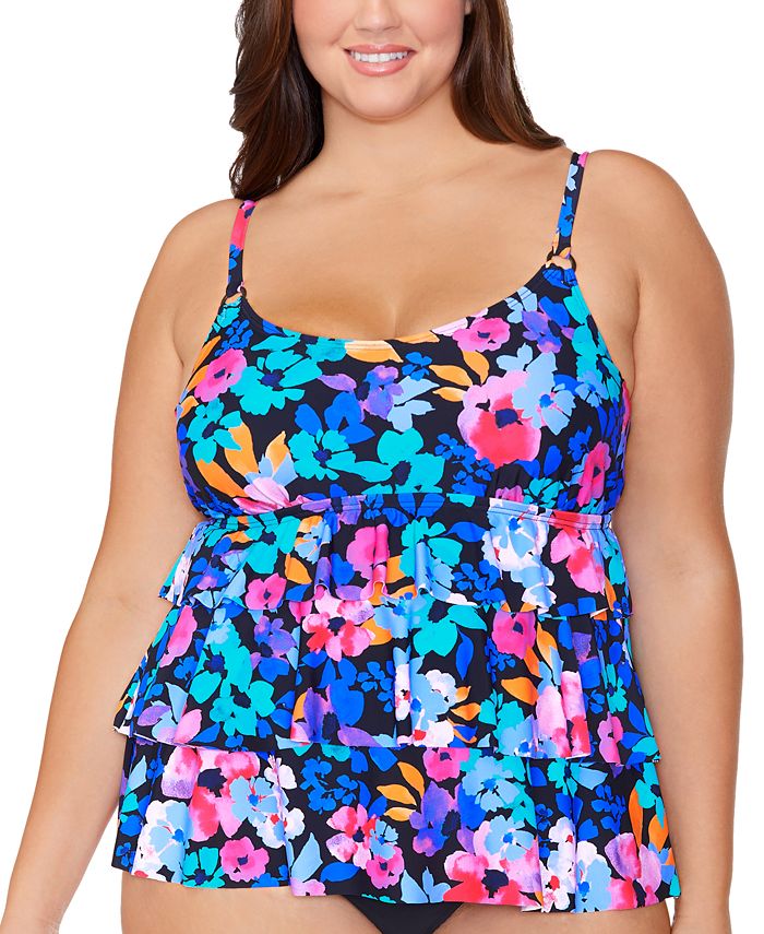 Island Escape Women's Plus Floral Print Tiered Underwire Tankini Top Swimsuit Black Size 16W