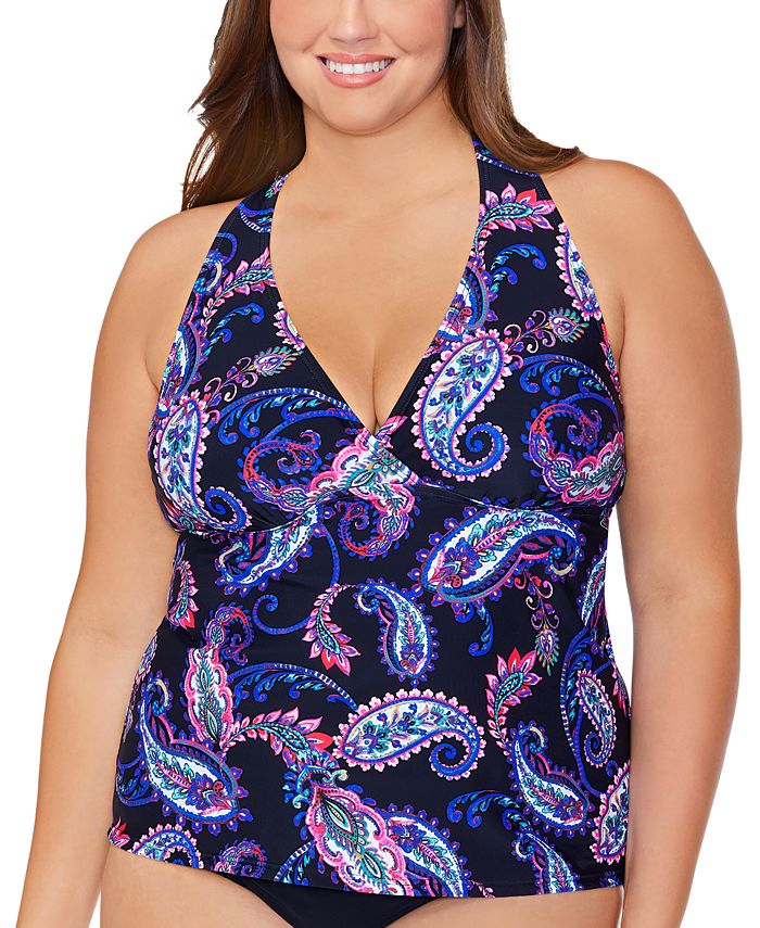 Island Escape Women's Plus Paisley Print Underwire Tankini Top Swimsuit Black