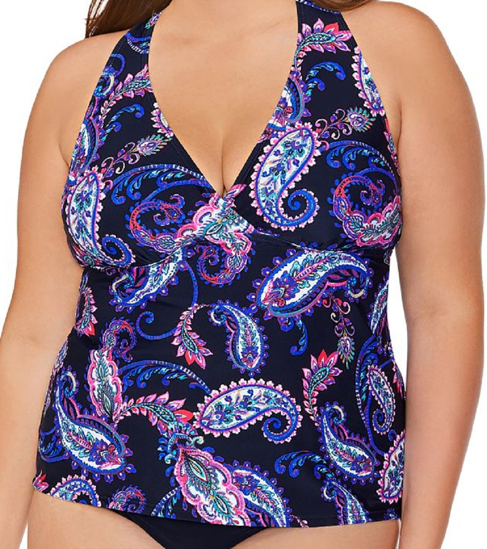 Island Escape Women's Plus Paisley Print Underwire Tankini Top Swimsuit Black