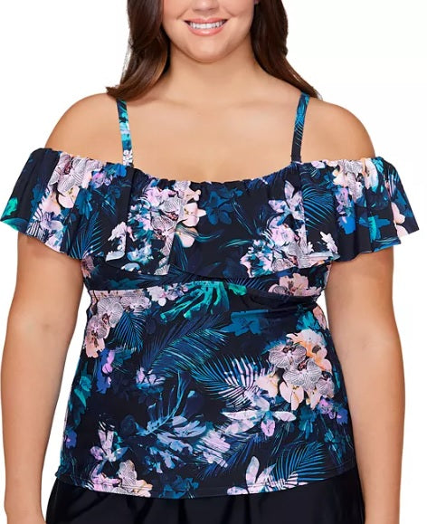 Island Escape Women's La Flor Floral Print Underwire Tankini Top Swimsuit Black Size 18W