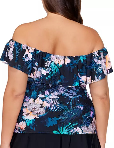 Island Escape Women's La Flor Floral Print Underwire Tankini Top Swimsuit Black Size 18W