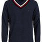 Tommy Hilfiger Men's Signature Stripe Tipped Cricket V Neck Sweater Blue Size Large