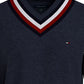 Tommy Hilfiger Men's Signature Stripe Tipped Cricket V Neck Sweater Blue Size Large