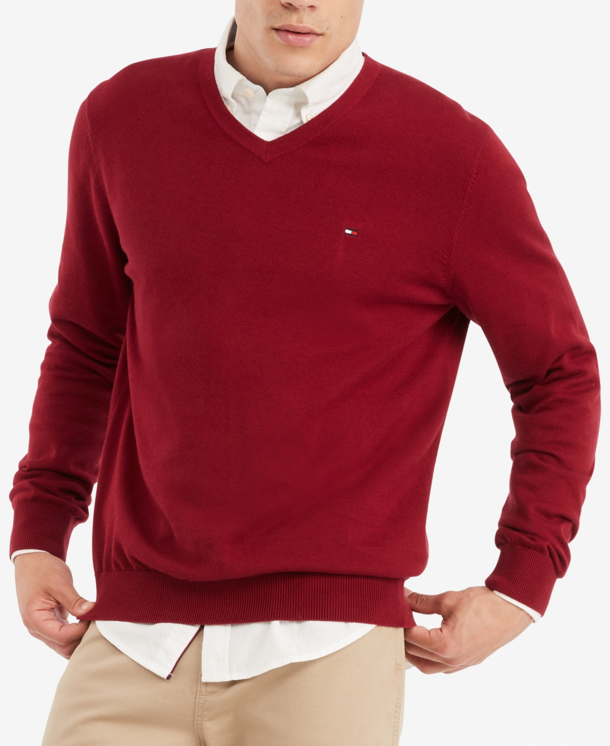 Tommy Hilfiger Men's Signature Solid V Neck Sweater Red Size Medium