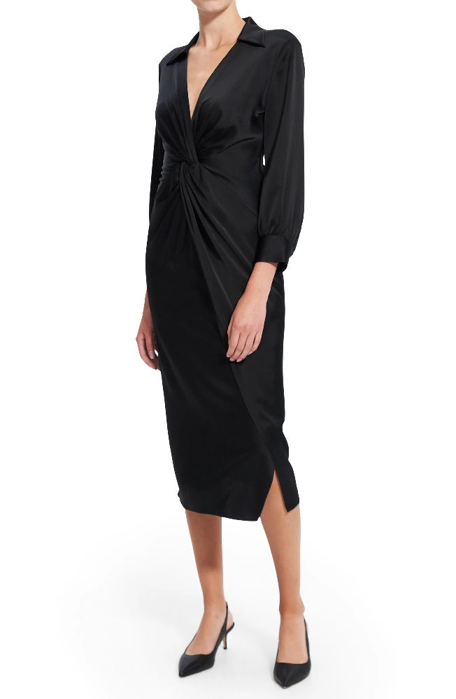 Theory Women's Twist Front Long Sleeve Satin Dress Black Size 2