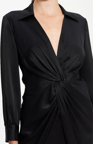 Theory Women's Twist Front Long Sleeve Satin Dress Black Size 2