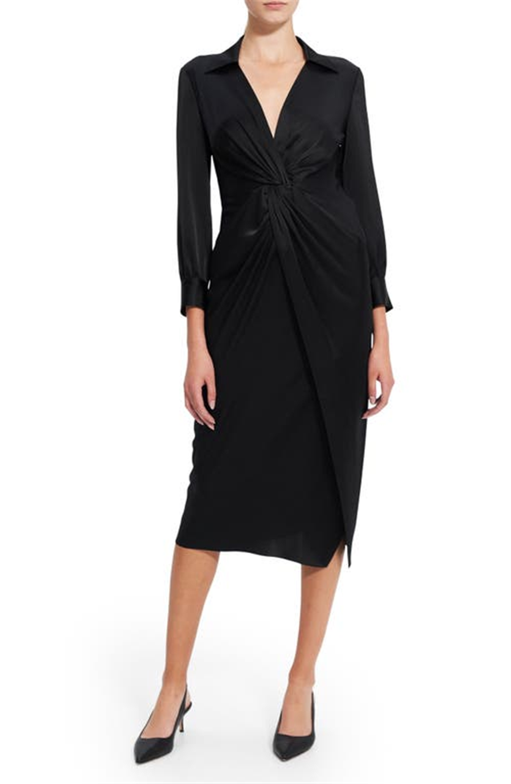 Theory Women's Twist Front Long Sleeve Satin Dress Black Size 2