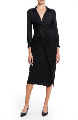 Theory Women's Twist Front Long Sleeve Satin Dress Black Size 2