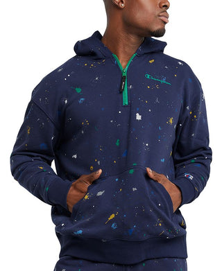 Champion Men's Slim Fit Global Explorer Quarter Zip Paint Splatter Hoodie Blue