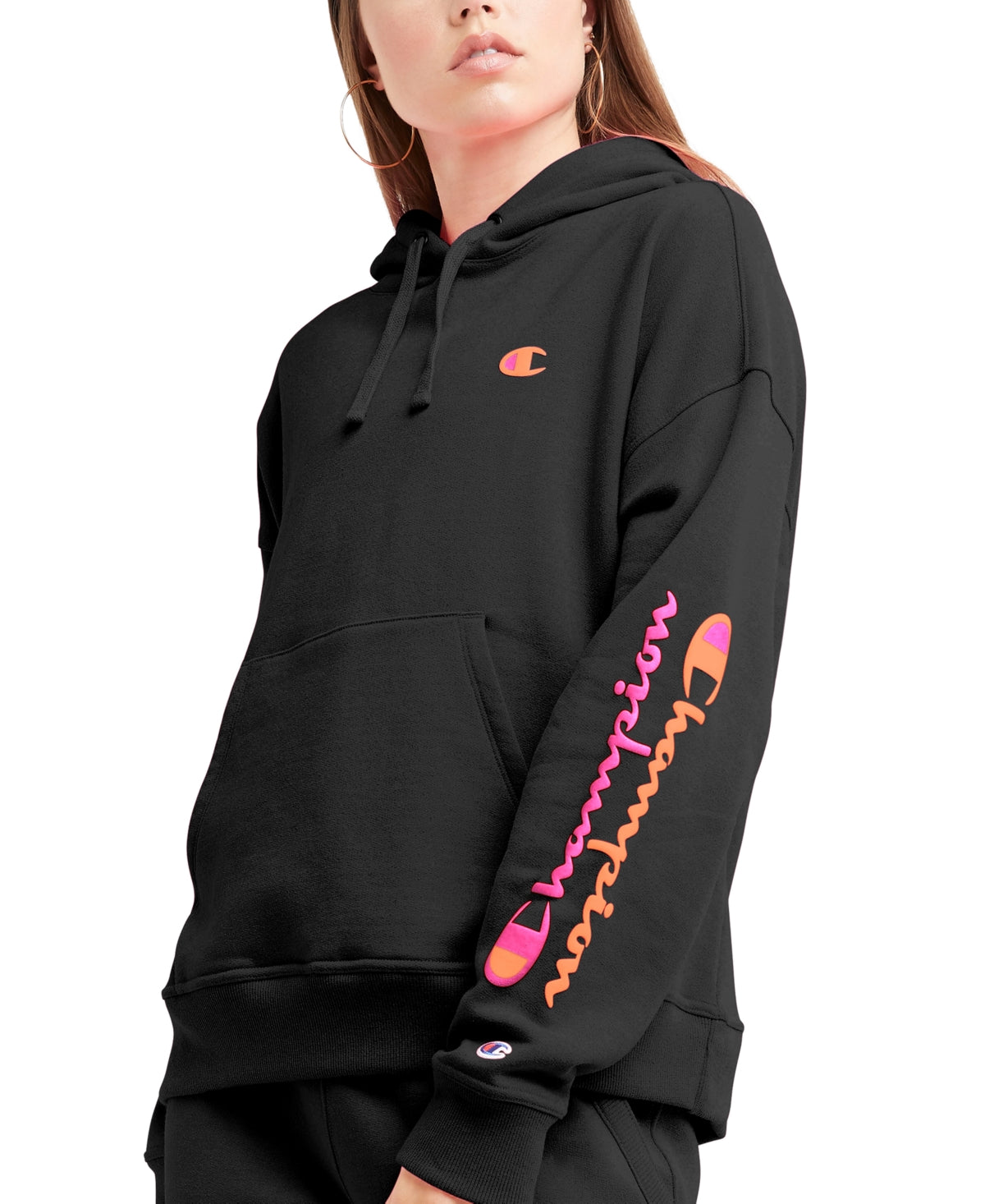Champion Women's Powerblend Graphic Print Hoodie Black Size Large