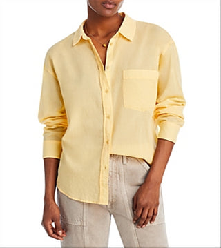 JEN7 Women's Pima Cotton Voile Button up Shirt Yellow Size Medium