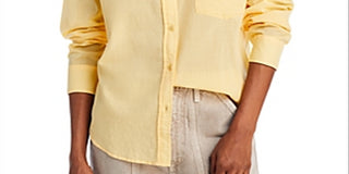 JEN7 Women's Pima Cotton Voile Button up Shirt Yellow Size Medium