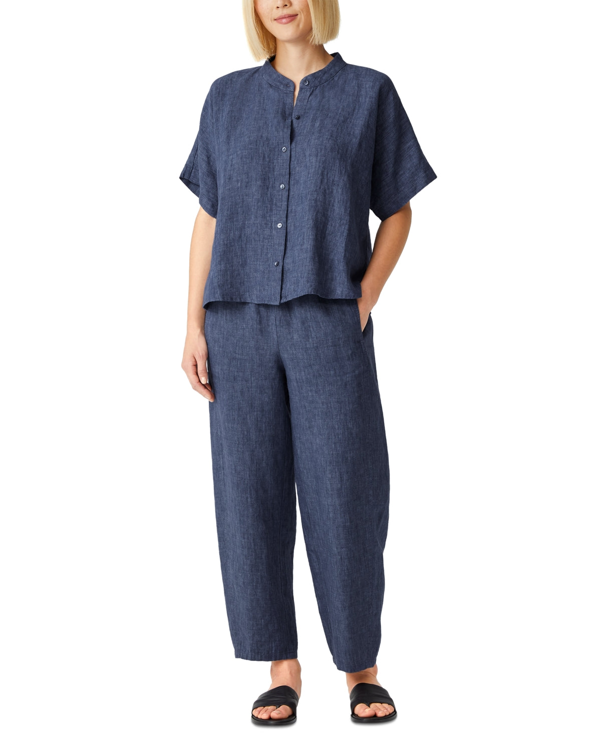 Eileen Fisher Women's Organic Linen Mandarin Collar Shirt Blue Size Petite Small