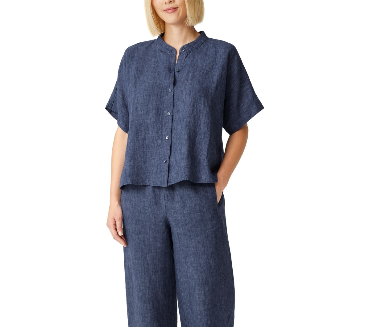 Eileen Fisher Women's Organic Linen Mandarin Collar Shirt Blue Size Petite Small