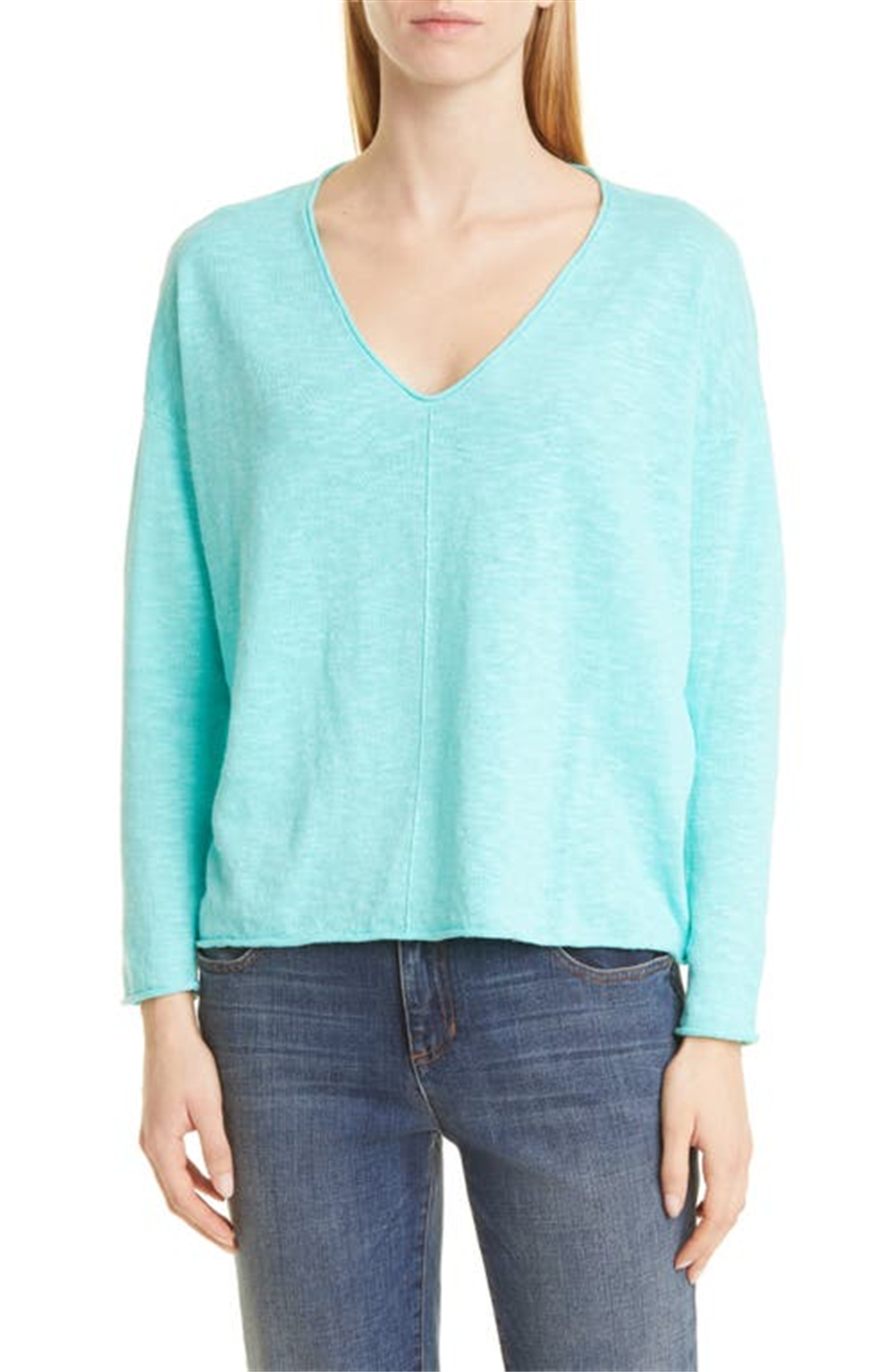 Eileen Fisher Women's V Neck Organic Linen & Cotton Sweater Blue Size Medium