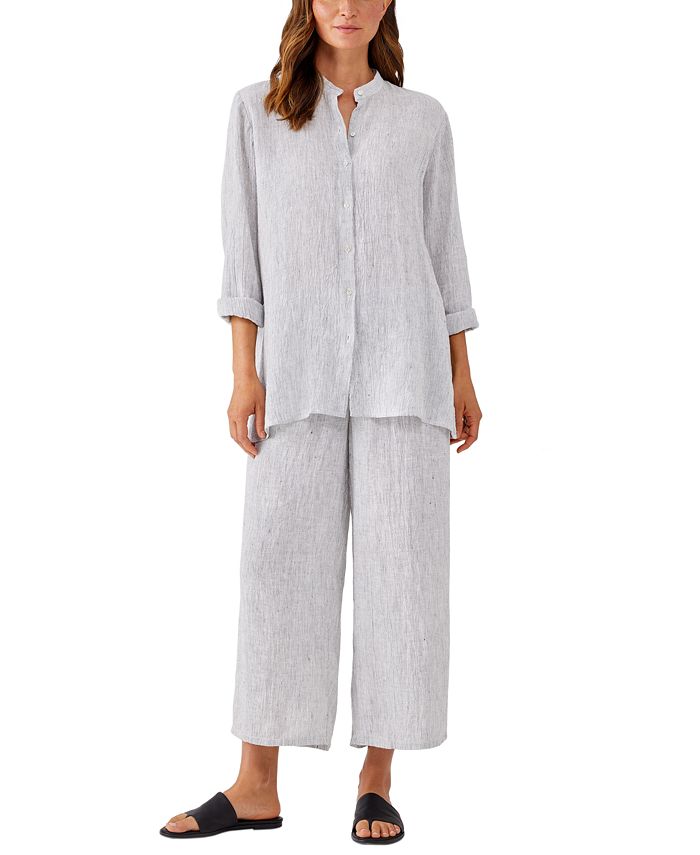 Eileen Fisher Women's Organic Linen Long Sleeve Shirt Blue Size Petite Medium