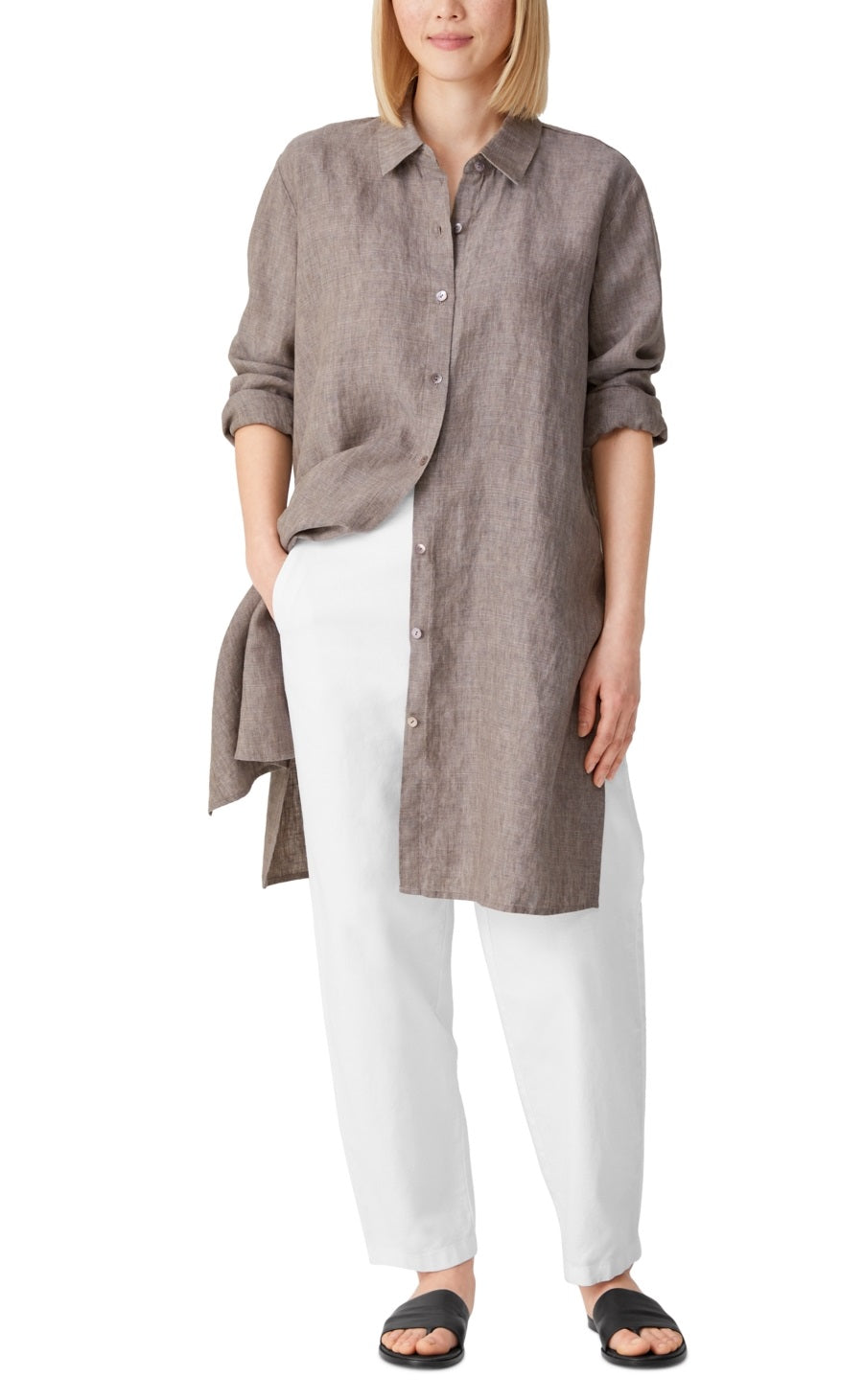 Eileen Fisher Women's Organic Classic Collar High Slit Button Down Shirt Gray Size Petite Small