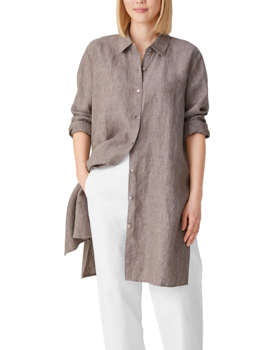Eileen Fisher Women's Organic Classic Collar High Slit Button Down Shirt Gray Size Petite Small
