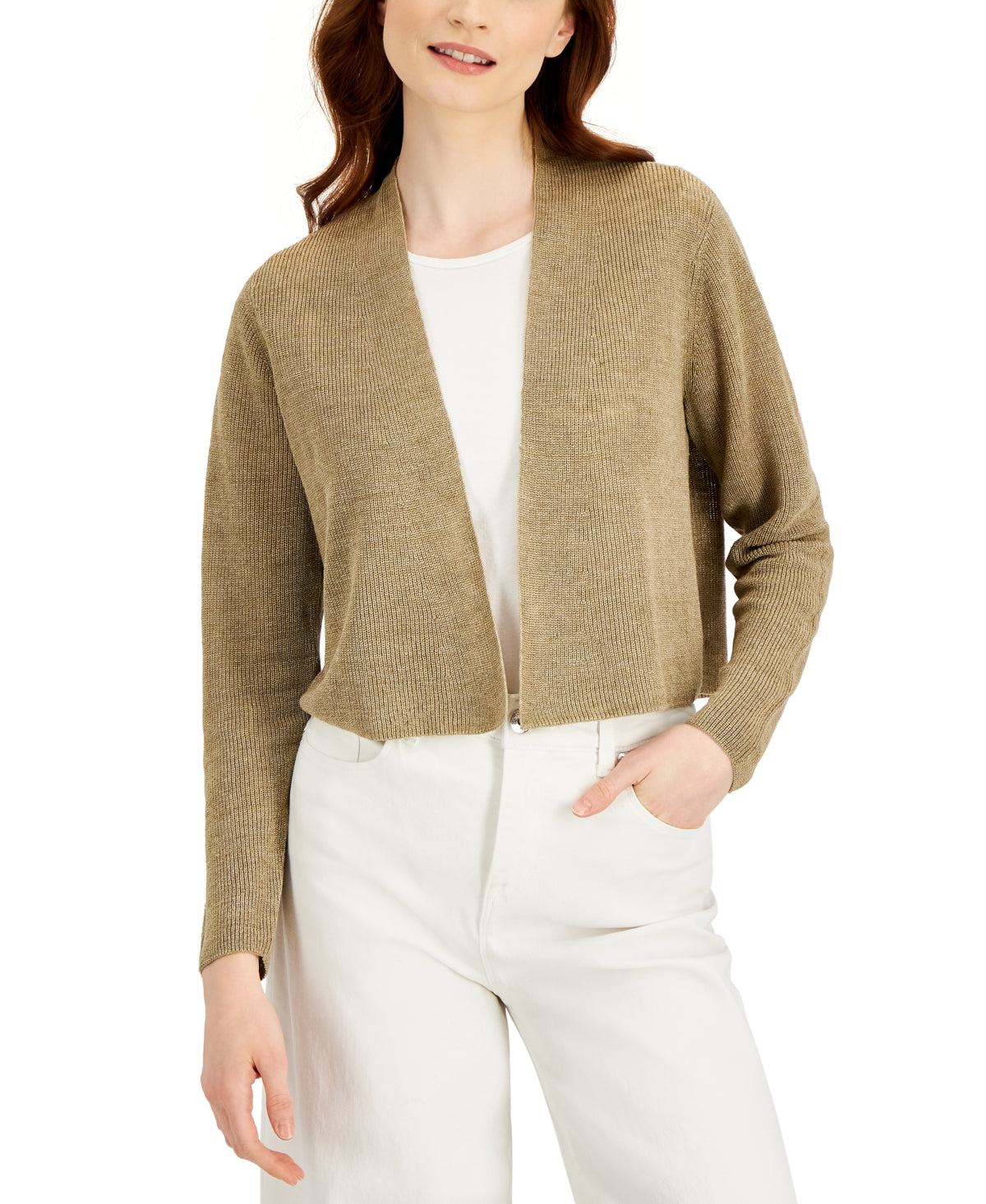 Eileen Fisher Women's Organic Linen V Neck Open Front Cardigan Brown Size XX-Small