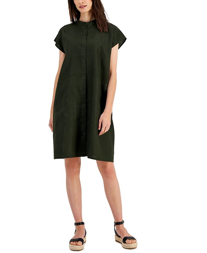 Eileen Fisher Women's Organic Linen Mandarin Collar Cap Sleeve Dress Green Size Medium