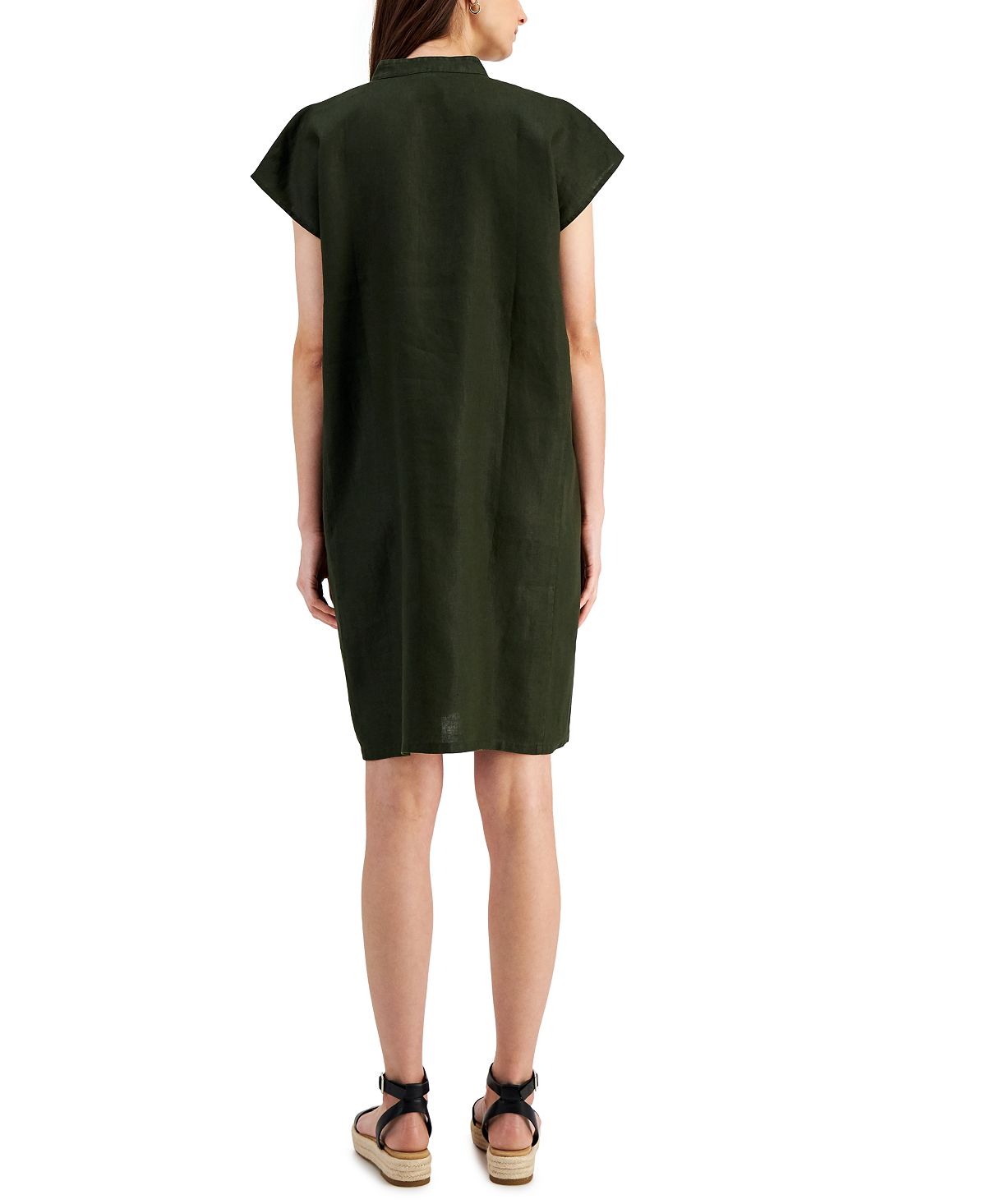 Eileen Fisher Women's Organic Linen Mandarin Collar Cap Sleeve Dress Green Size Medium