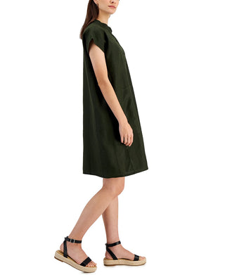 Eileen Fisher Women's Organic Linen Mandarin Collar Cap Sleeve Dress Green Size Medium